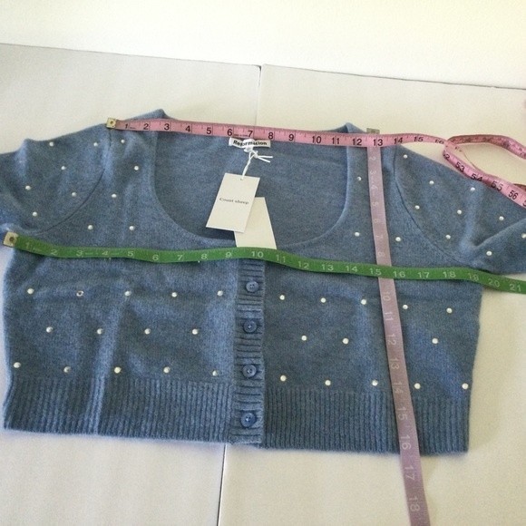 Reformation Nathalia Wool Cardigan Size L Preppy Embellished In Relaxed Blue - Picture 6 of 6